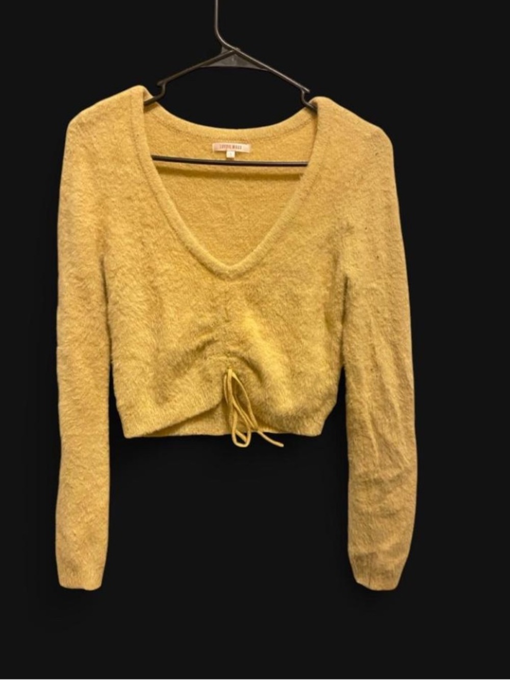 PacSun Soft Yellow Fuzzy V-Neck Drawstring Crop Top Sweater